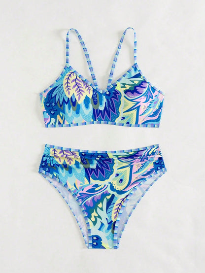 Swim 2pcs/Set Random Floral Print Beach Outfits For Women- Spaghetti Strap Top And High Waist Bikini Bottoms, Summer