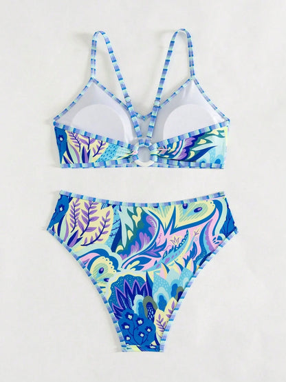 Swim 2pcs/Set Random Floral Print Beach Outfits For Women- Spaghetti Strap Top And High Waist Bikini Bottoms, Summer