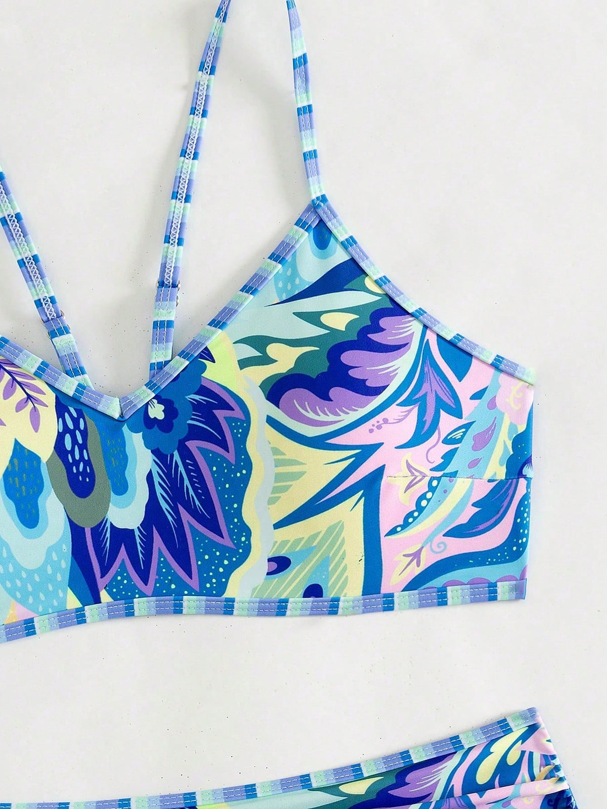Swim 2pcs/Set Random Floral Print Beach Outfits For Women- Spaghetti Strap Top And High Waist Bikini Bottoms, Summer