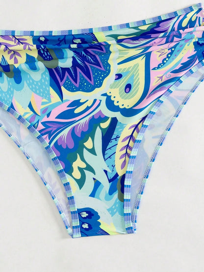 Swim 2pcs/Set Random Floral Print Beach Outfits For Women- Spaghetti Strap Top And High Waist Bikini Bottoms, Summer