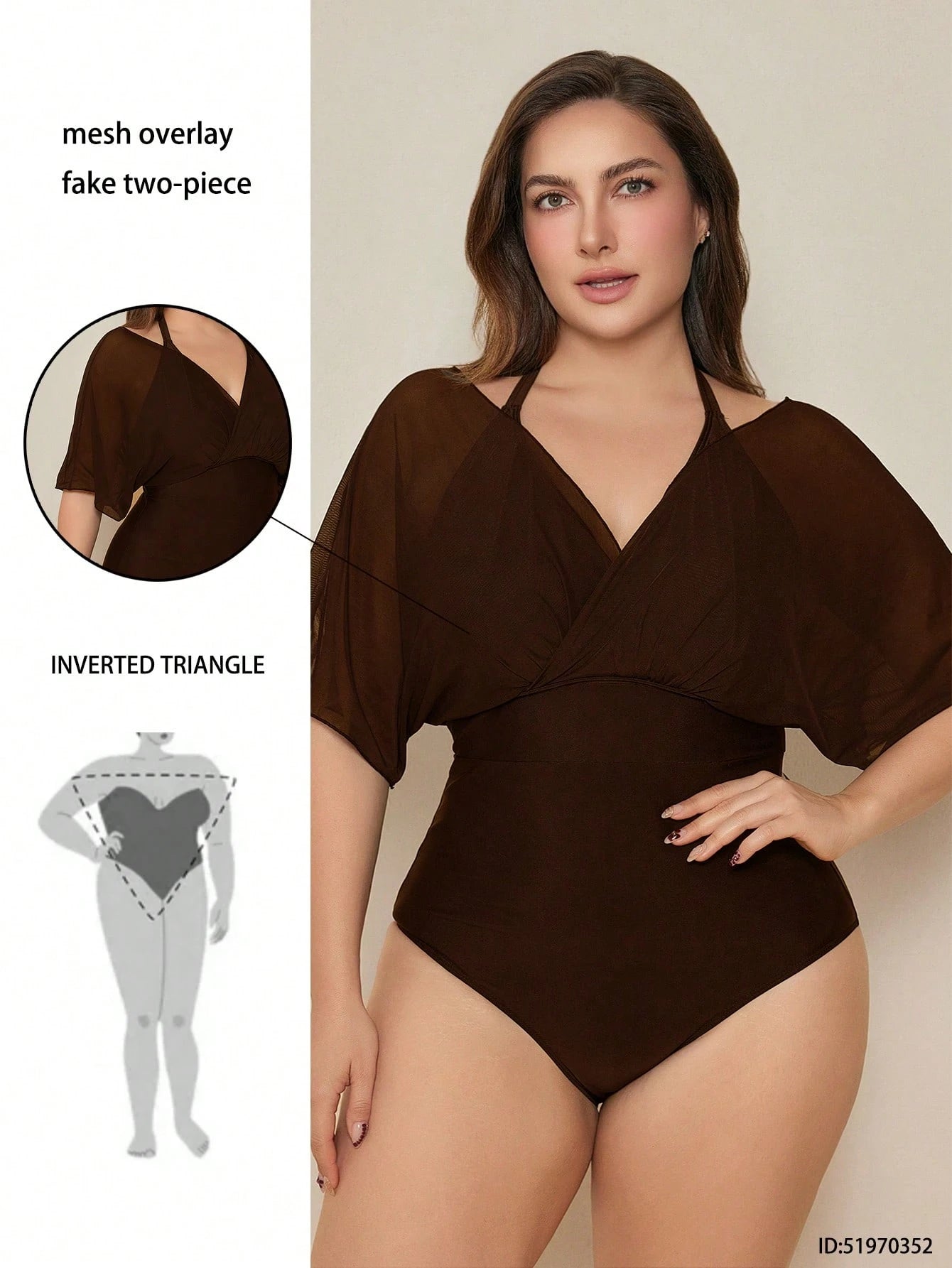 Swim Basics 2026 New Elegant Plus Size One-Piece Swimsuit For Beach Vacation, Slimming Chic Plus Size One-Piece Swimwear, Brown