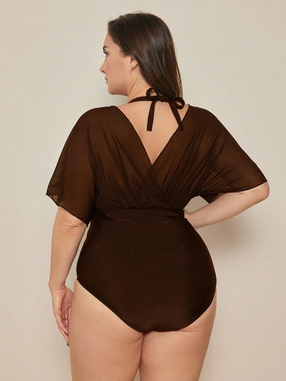 Swim Basics 2026 New Elegant Plus Size One-Piece Swimsuit For Beach Vacation, Slimming Chic Plus Size One-Piece Swimwear, Brown