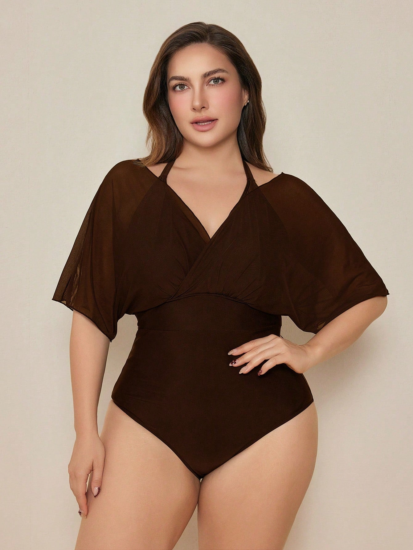 Swim Basics 2026 New Elegant Plus Size One-Piece Swimsuit For Beach Vacation, Slimming Chic Plus Size One-Piece Swimwear, Brown