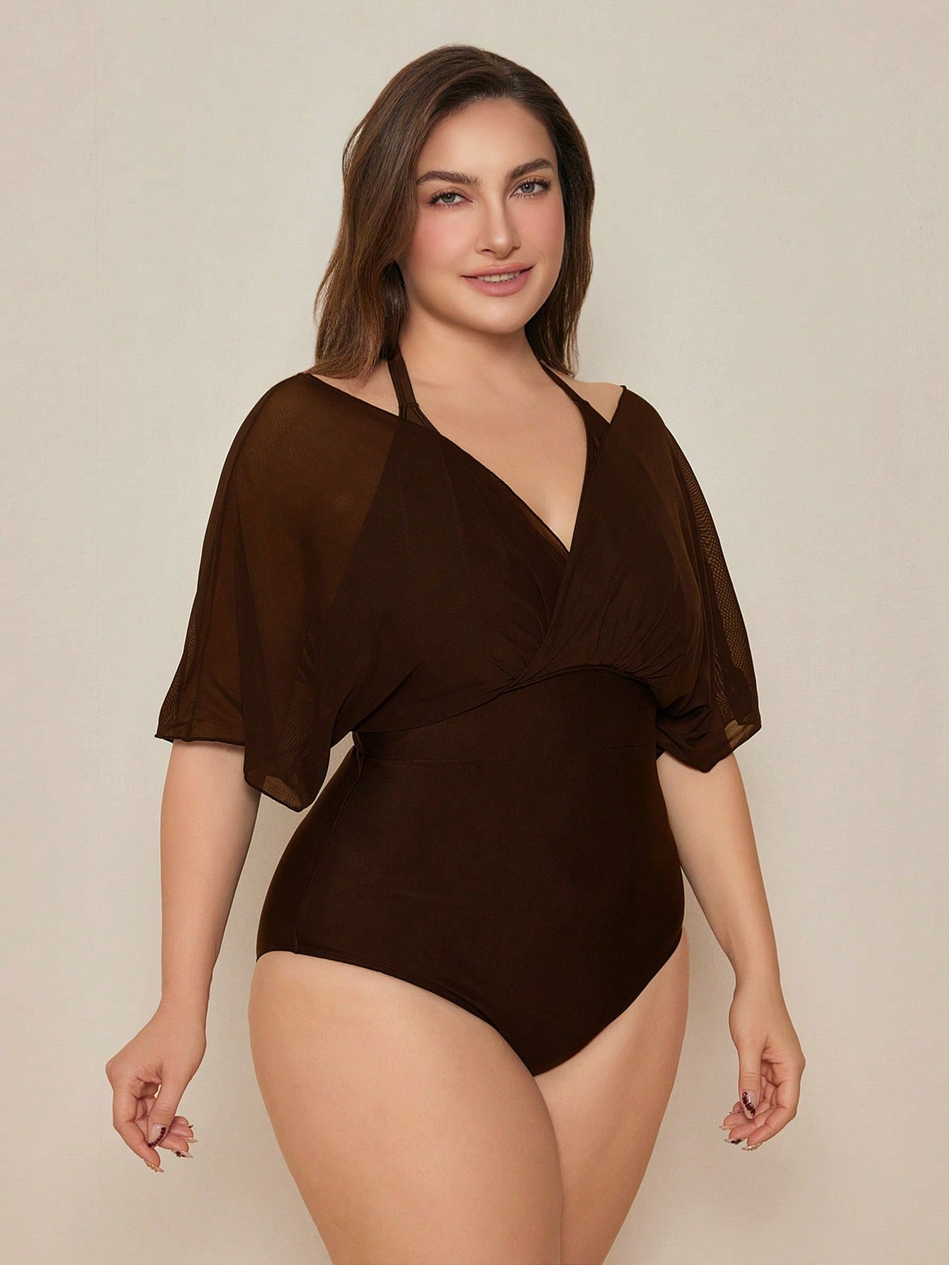 Swim Basics 2026 New Elegant Plus Size One-Piece Swimsuit For Beach Vacation, Slimming Chic Plus Size One-Piece Swimwear, Brown