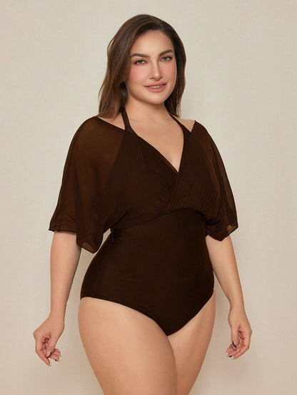 Swim Basics 2026 New Elegant Plus Size One-Piece Swimsuit For Beach Vacation, Slimming Chic Plus Size One-Piece Swimwear, Brown