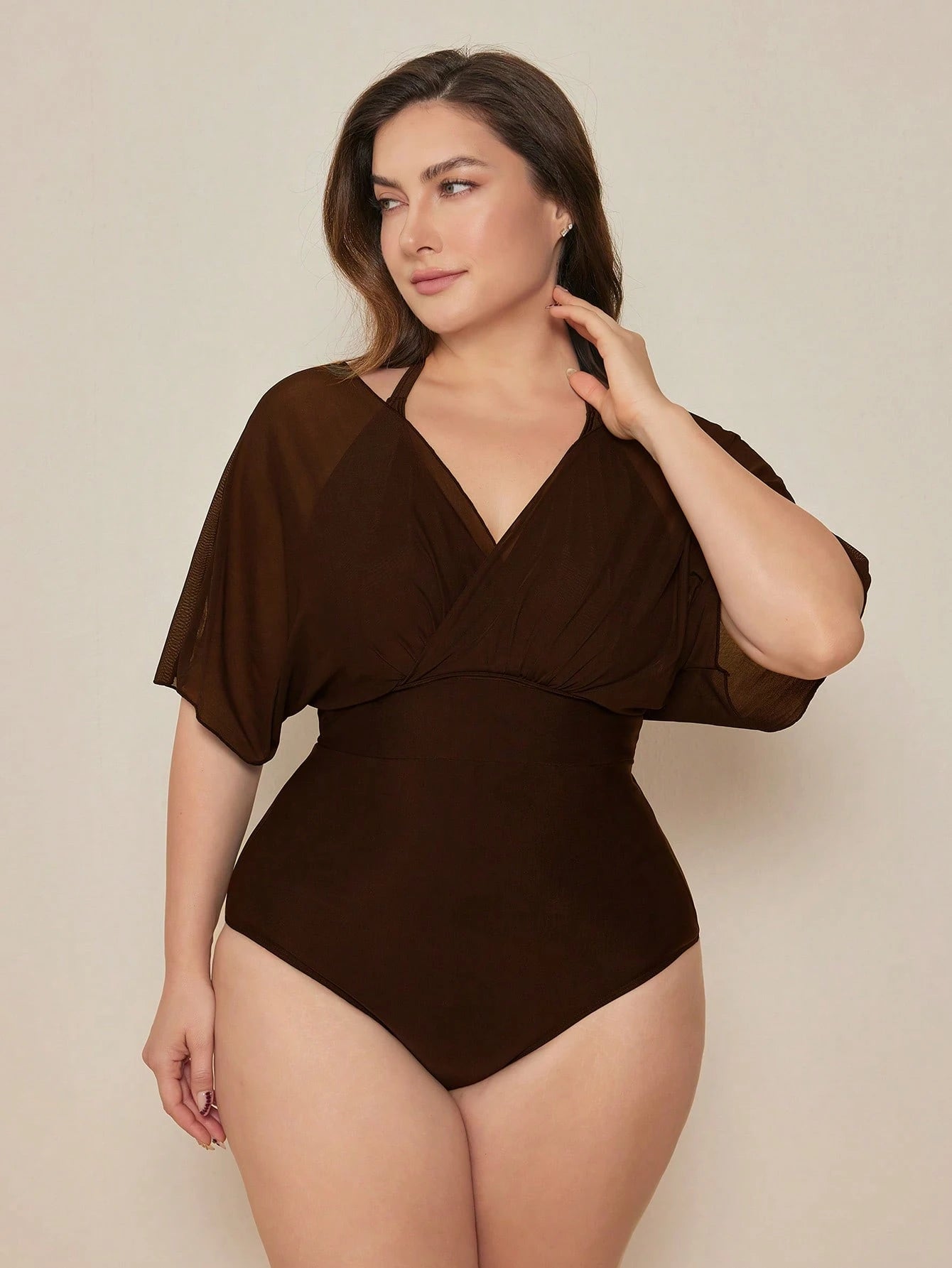 Swim Basics 2026 New Elegant Plus Size One-Piece Swimsuit For Beach Vacation, Slimming Chic Plus Size One-Piece Swimwear, Brown