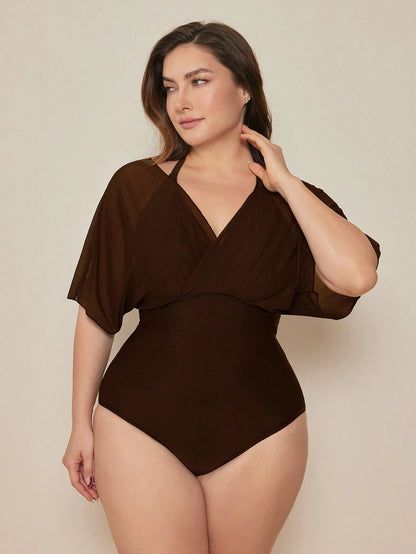 Swim Basics 2026 New Elegant Plus Size One-Piece Swimsuit For Beach Vacation, Slimming Chic Plus Size One-Piece Swimwear, Brown