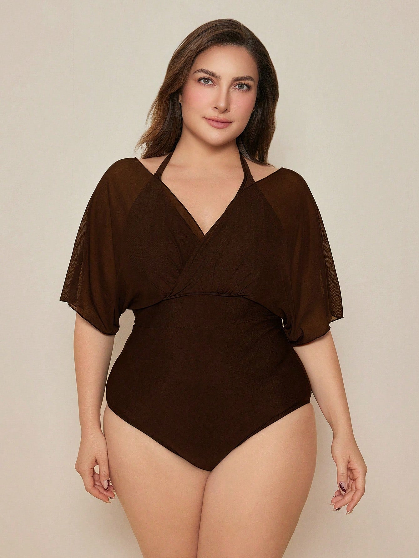 Swim Basics 2026 New Elegant Plus Size One-Piece Swimsuit For Beach Vacation, Slimming Chic Plus Size One-Piece Swimwear, Brown