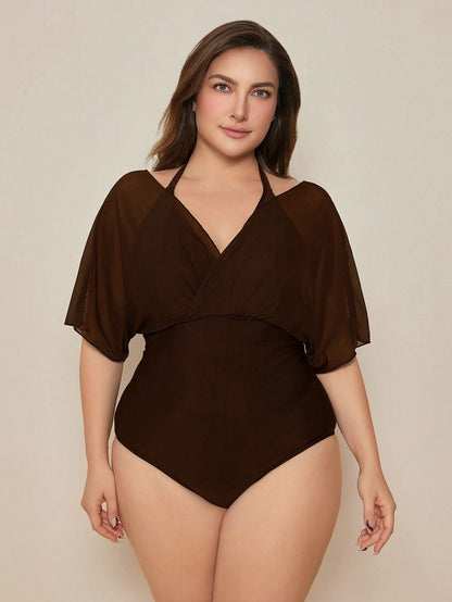 Swim Basics 2026 New Elegant Plus Size One-Piece Swimsuit For Beach Vacation, Slimming Chic Plus Size One-Piece Swimwear, Brown