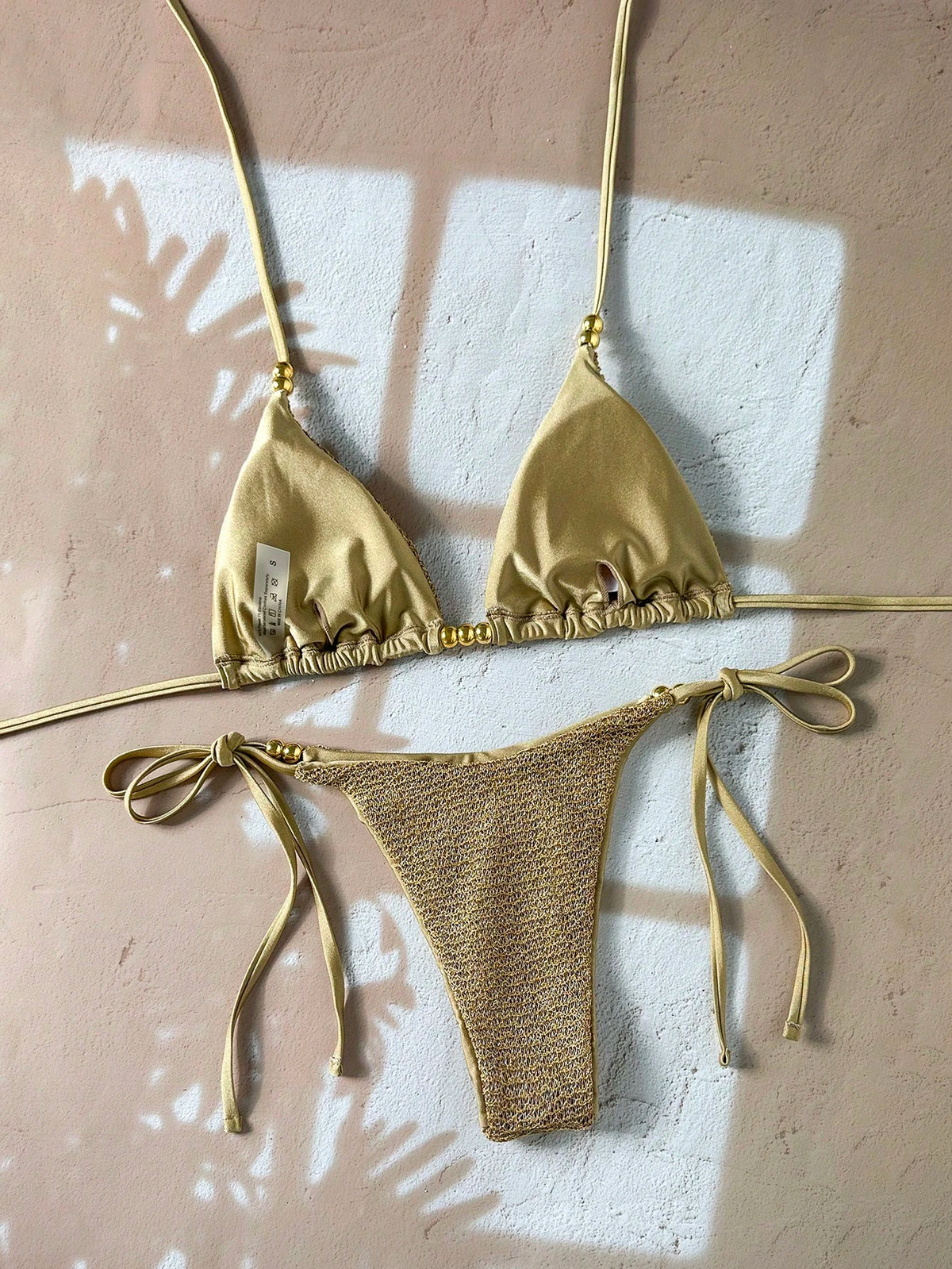 Swim Basics-D 2pcs Spring/Summer Vacation Sequin Textured Fabric Pearl Decor Halter Triangle Bikini Top And Side Tie Bikini Bottom Sexy Women's Swimsuit Set