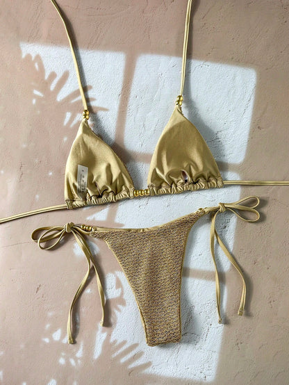 Swim Basics-D 2pcs Spring/Summer Vacation Sequin Textured Fabric Pearl Decor Halter Triangle Bikini Top And Side Tie Bikini Bottom Sexy Women's Swimsuit Set