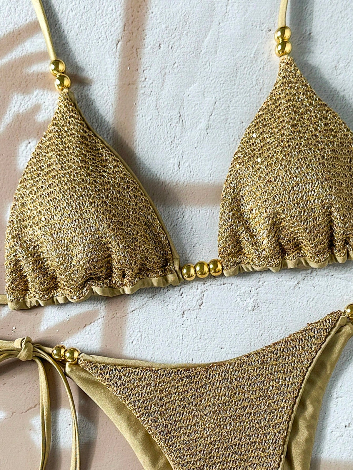 Swim Basics-D 2pcs Spring/Summer Vacation Sequin Textured Fabric Pearl Decor Halter Triangle Bikini Top And Side Tie Bikini Bottom Sexy Women's Swimsuit Set