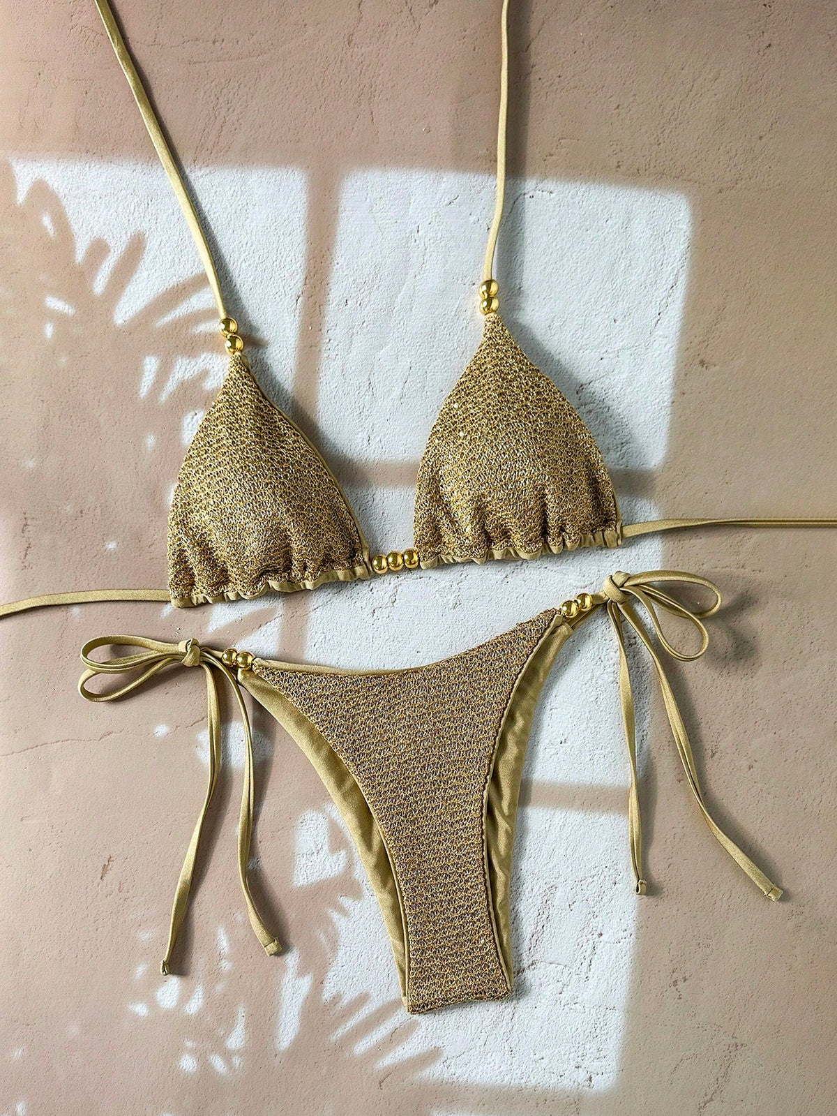 Swim Basics-D 2pcs Spring/Summer Vacation Sequin Textured Fabric Pearl Decor Halter Triangle Bikini Top And Side Tie Bikini Bottom Sexy Women's Swimsuit Set