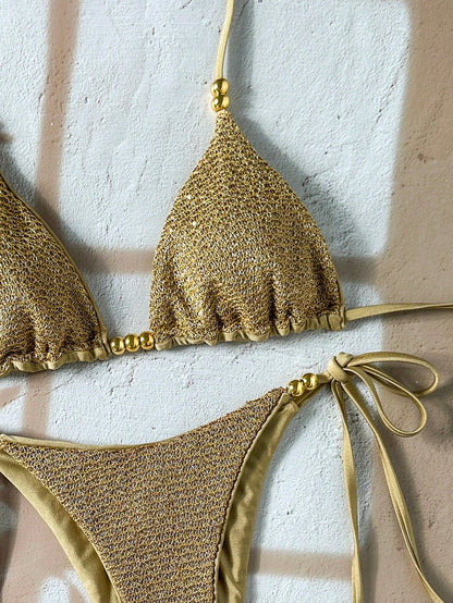 Swim Basics-D 2pcs Spring/Summer Vacation Sequin Textured Fabric Pearl Decor Halter Triangle Bikini Top And Side Tie Bikini Bottom Sexy Women's Swimsuit Set