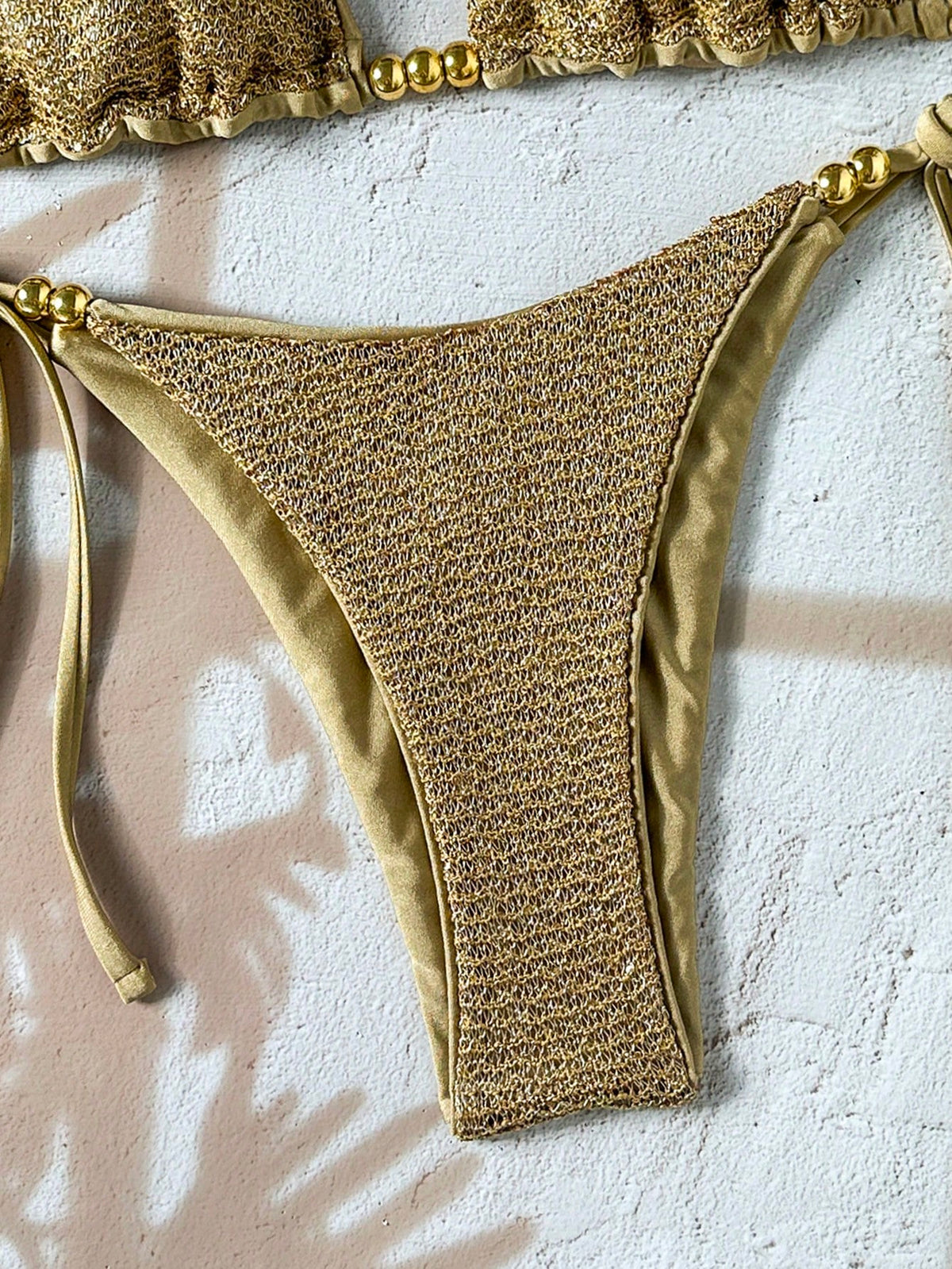 Swim Basics-D 2pcs Spring/Summer Vacation Sequin Textured Fabric Pearl Decor Halter Triangle Bikini Top And Side Tie Bikini Bottom Sexy Women's Swimsuit Set
