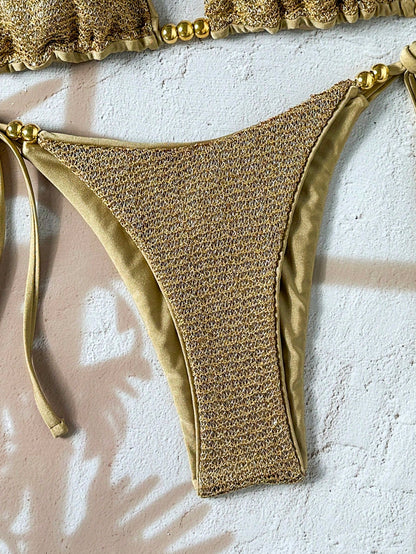 Swim Basics-D 2pcs Spring/Summer Vacation Sequin Textured Fabric Pearl Decor Halter Triangle Bikini Top And Side Tie Bikini Bottom Sexy Women's Swimsuit Set
