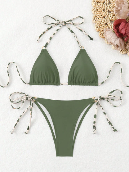Swim Basics Random Print Summer Beach Halter Backless Sexy Bikini Swimwear Set