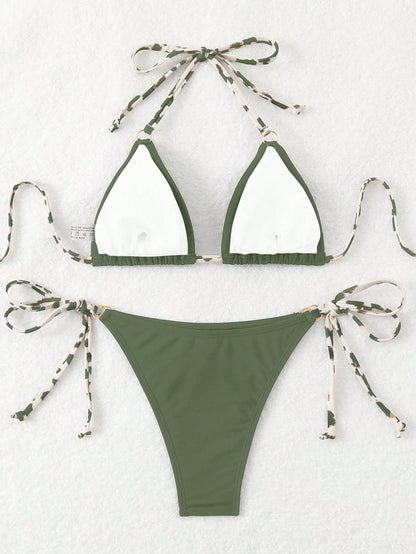 Swim Basics Random Print Summer Beach Halter Backless Sexy Bikini Swimwear Set