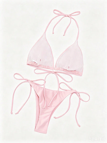 Swim Basics Solid Color Sexy Lace-Up Bikini Two-Piece Women's Swimsuit Set Beachwear