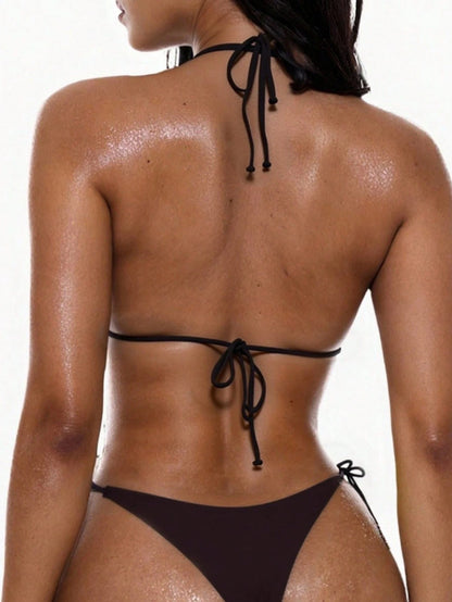 Swim Basics Solid Color Sexy Lace-Up Bikini Two-Piece Women's Swimsuit Set Beachwear