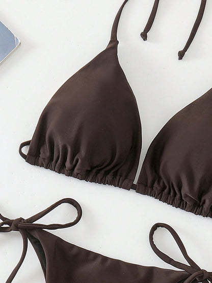 Swim Basics Solid Color Sexy Lace-Up Bikini Two-Piece Women's Swimsuit Set Beachwear