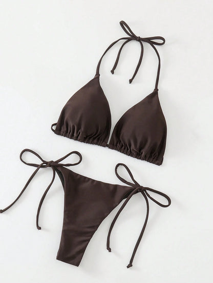 Swim Basics Solid Color Sexy Lace-Up Bikini Two-Piece Women's Swimsuit Set Beachwear