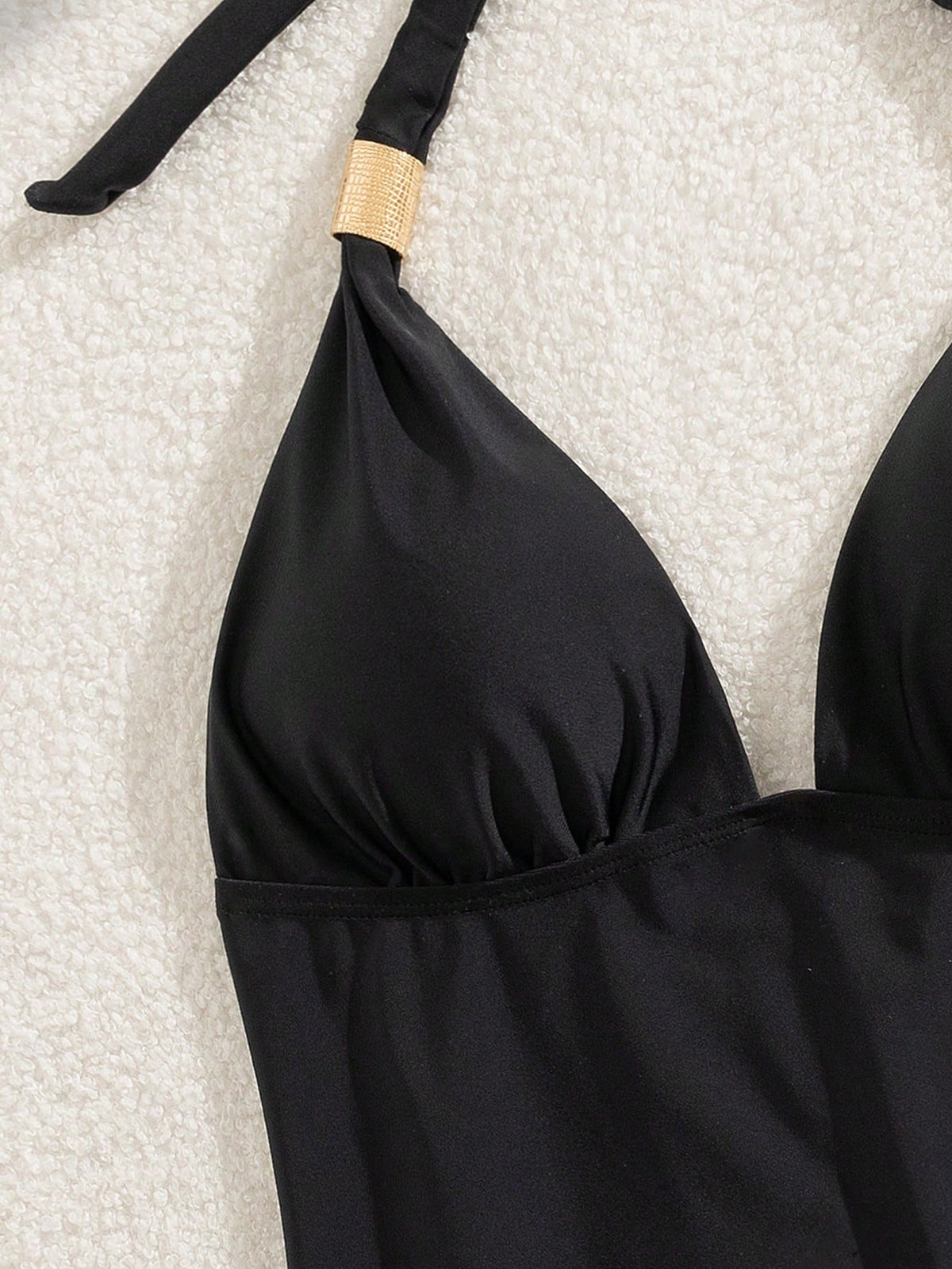Swim Basics Summer Women's Black Elegant Vintage Soft Cup Backless Halter Tankini Set With Gold Ring Decor
