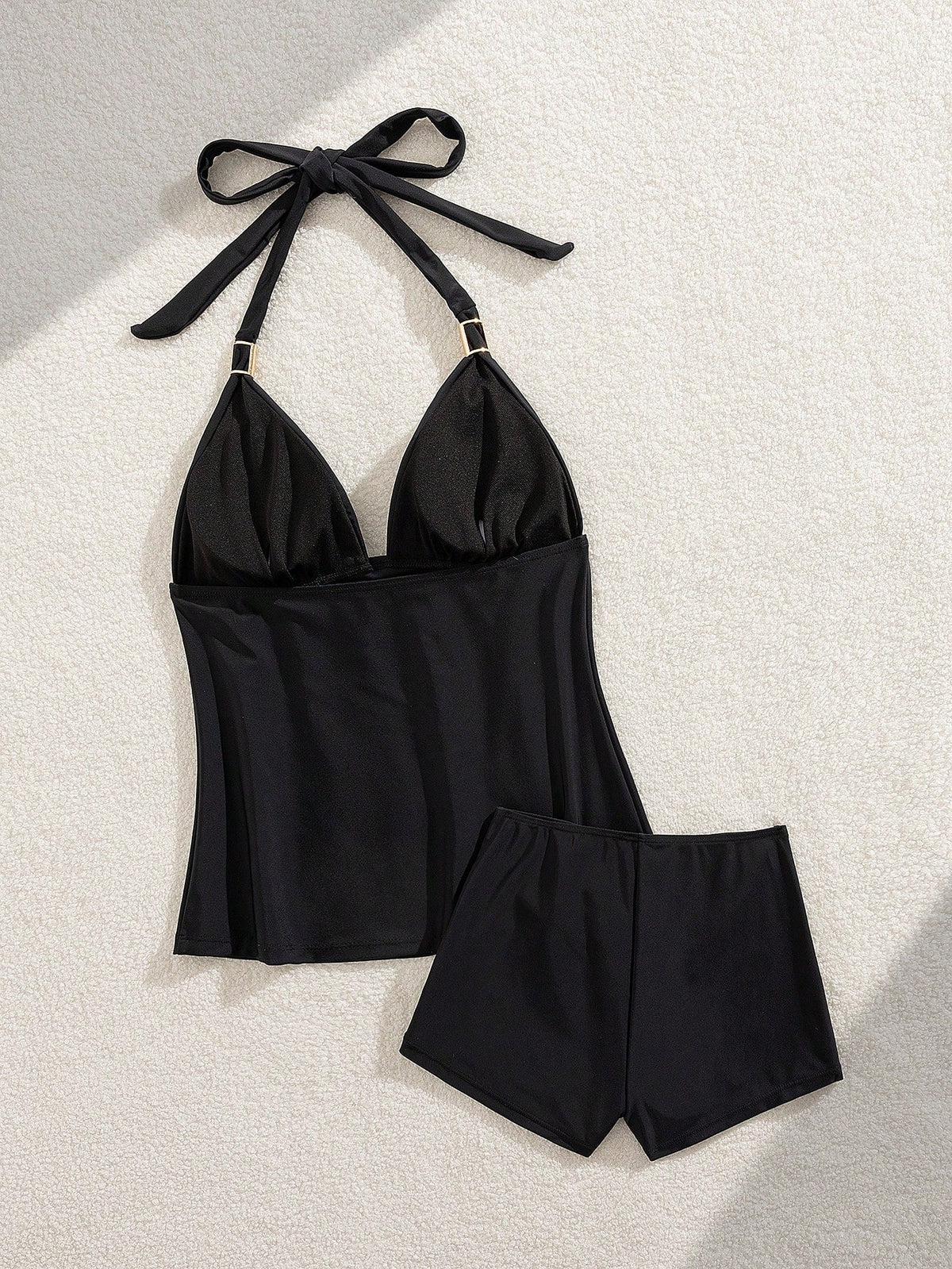 Swim Basics Summer Women's Black Elegant Vintage Soft Cup Backless Halter Tankini Set With Gold Ring Decor