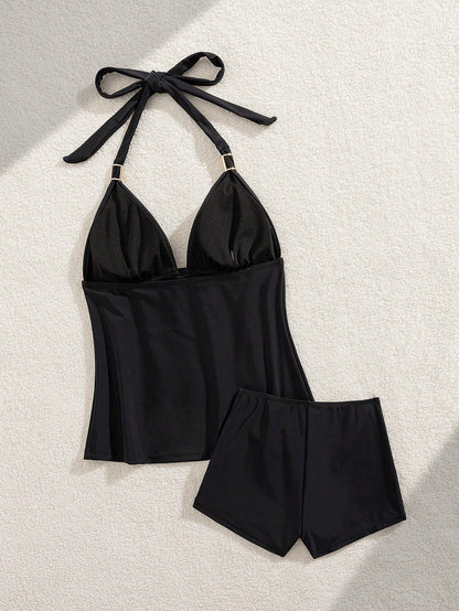 Swim Basics Summer Women's Black Elegant Vintage Soft Cup Backless Halter Tankini Set With Gold Ring Decor