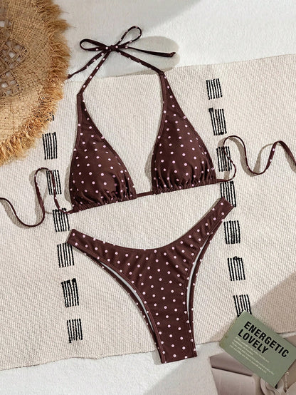 Swim Basics Women's Two Pieces Polka Dot Print Bikini Set Set, Casual Holiday Style
