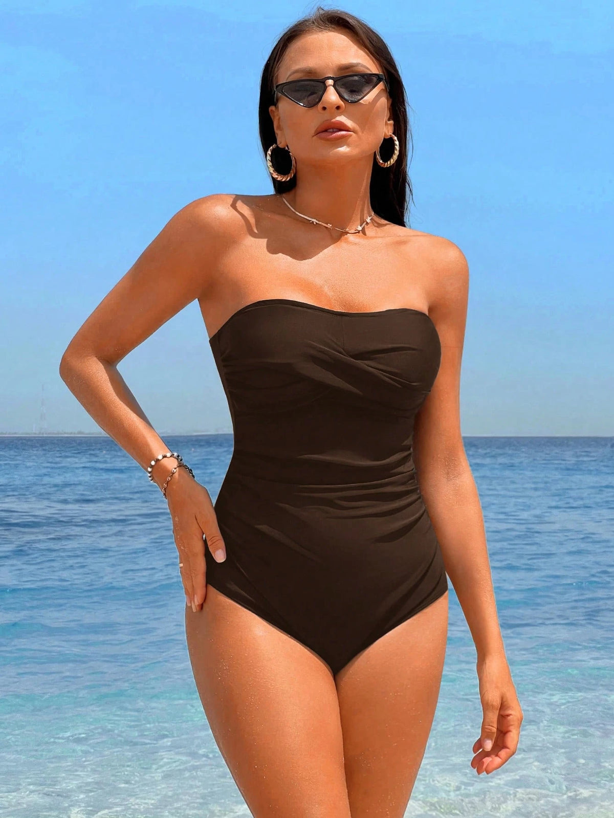 Swim Chiccia 1pc Women's Solid Color Bandeau Style One-Piece Swimsuit, Fashionable For Summer