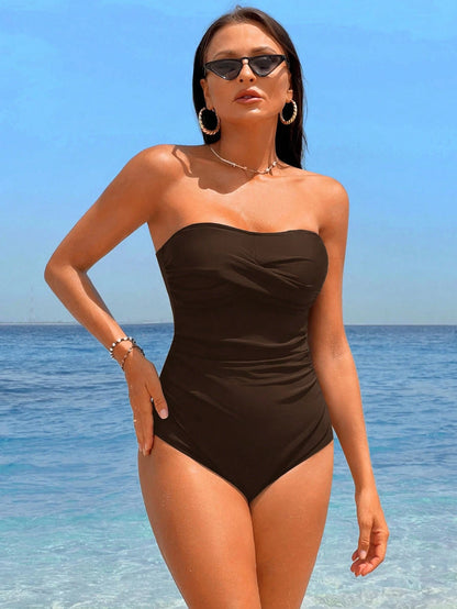 Swim Chiccia 1pc Women's Solid Color Bandeau Style One-Piece Swimsuit, Fashionable For Summer