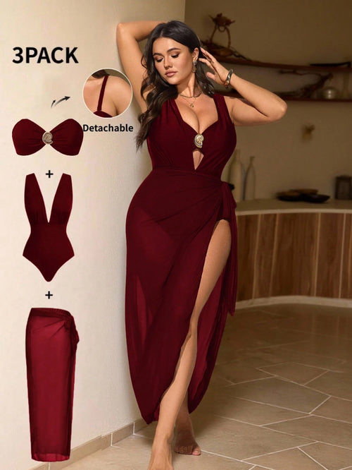 Swim Chiccia Plus Size 3 PiecesElegant Brown Metal Buckle Decor One-Piece Swimsuit, Can Be Worn Separately With Outfits, Suitable For Party & Vacation