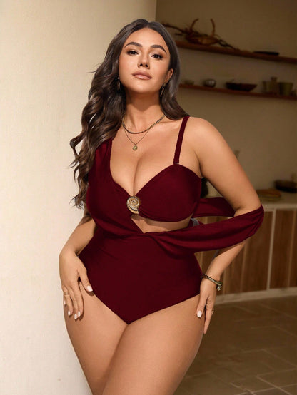 Swim Chiccia Plus Size 3 PiecesElegant Brown Metal Buckle Decor One-Piece Swimsuit, Can Be Worn Separately With Outfits, Suitable For Party & Vacation
