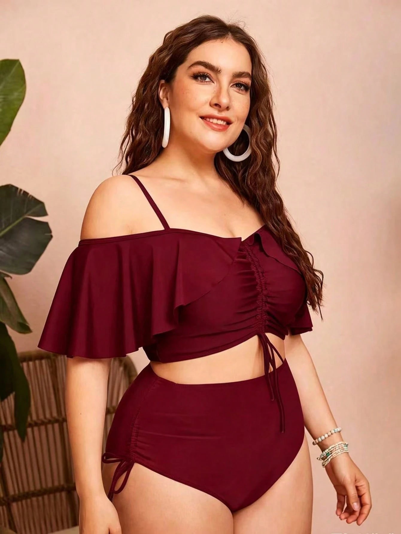 Swim Chiccia Plus Size Women 2pcs Solid Color Spaghetti Strap Off Shoulder Ruffle Drawstring Bikini Set, Fashionable Elegant Vacation Casual Sexy Swimwear Beach