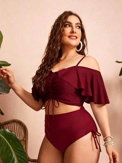 Swim Chiccia Plus Size Women 2pcs Solid Color Spaghetti Strap Off Shoulder Ruffle Drawstring Bikini Set, Fashionable Elegant Vacation Casual Sexy Swimwear Beach