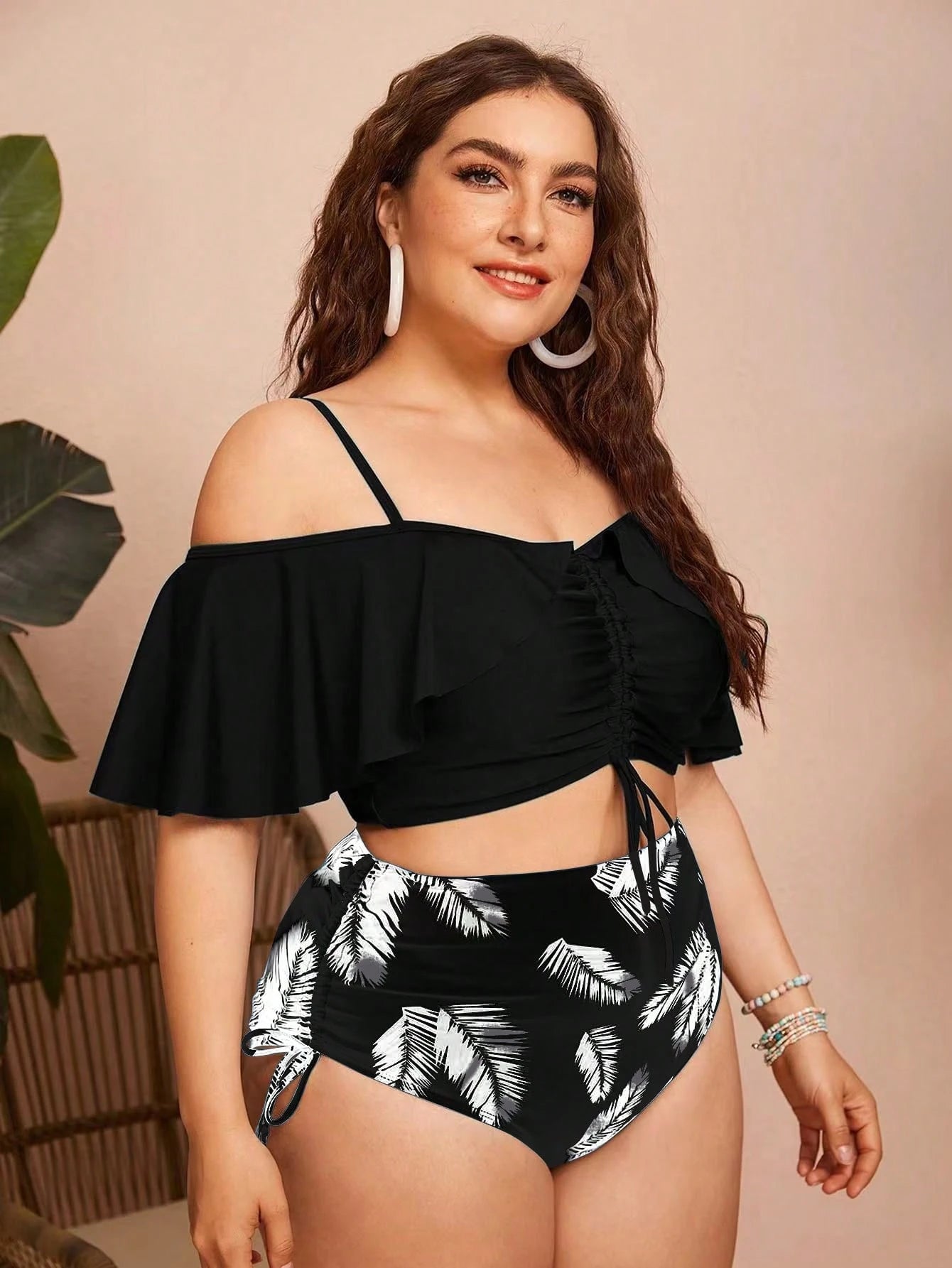 Swim Chiccia Plus Size Women 2pcs Solid Color Spaghetti Strap Off Shoulder Ruffle Drawstring Bikini Set, Fashionable Elegant Vacation Casual Sexy Swimwear Beach