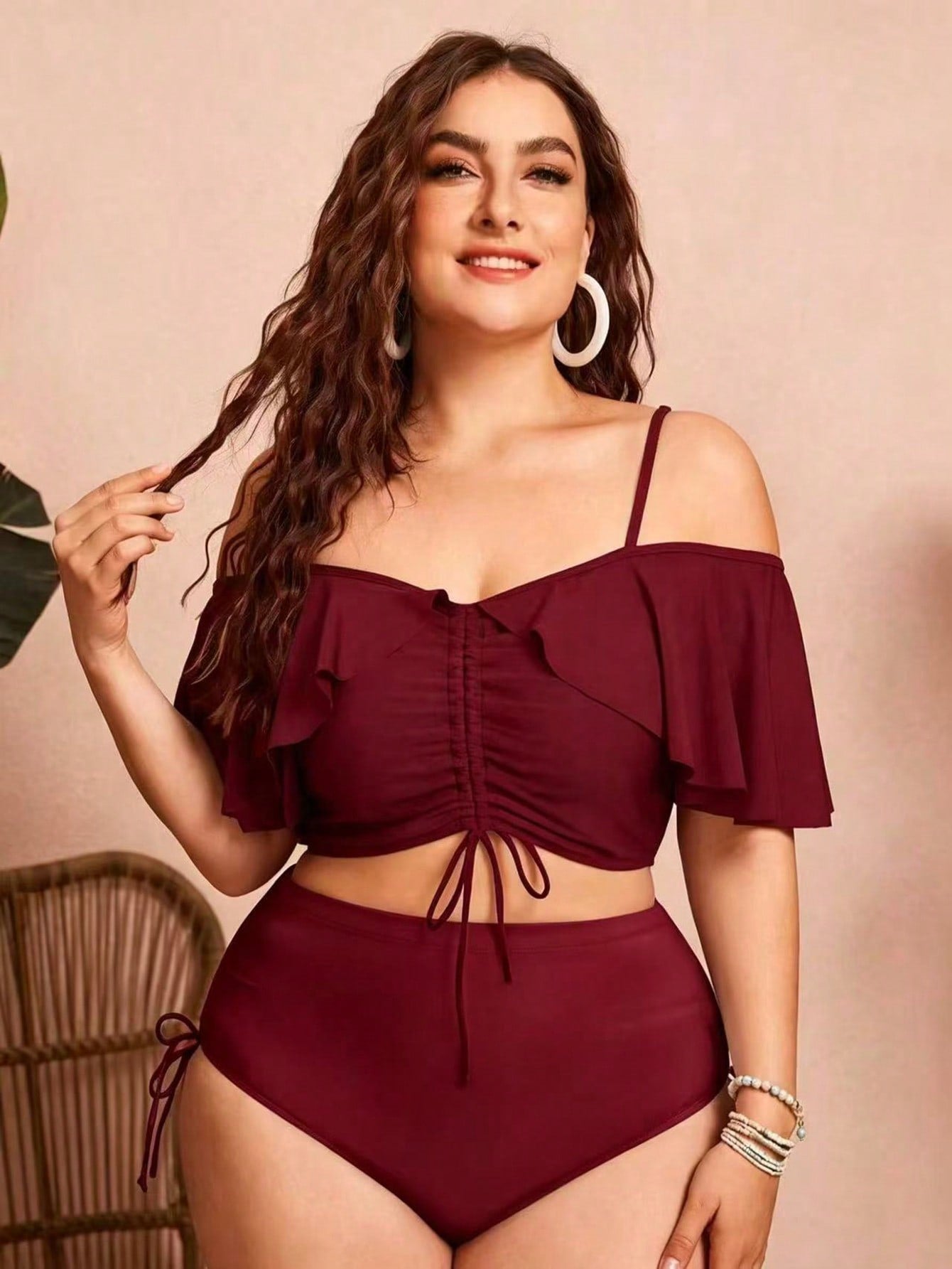 Swim Chiccia Plus Size Women 2pcs Solid Color Spaghetti Strap Off Shoulder Ruffle Drawstring Bikini Set, Fashionable Elegant Vacation Casual Sexy Swimwear Beach