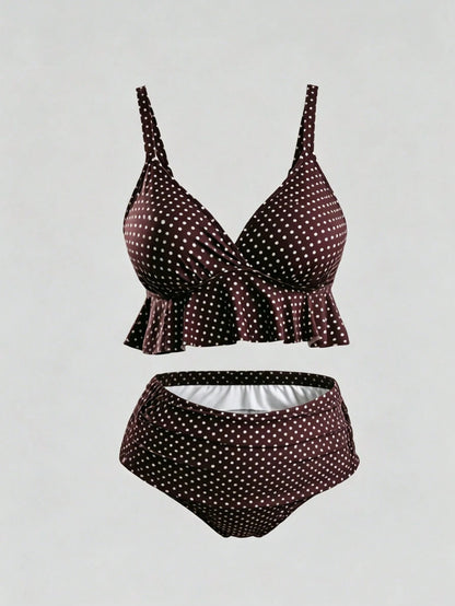 Swim Chiccia Plus Size Women Polka Dot Ruched Cami Tankini Swimwear Set