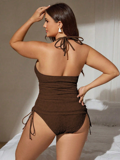 Swim Chiccia Plus Size Women's Fashion Halter-Neck Tankini Swimsuit Set For Summer Beach Vacation