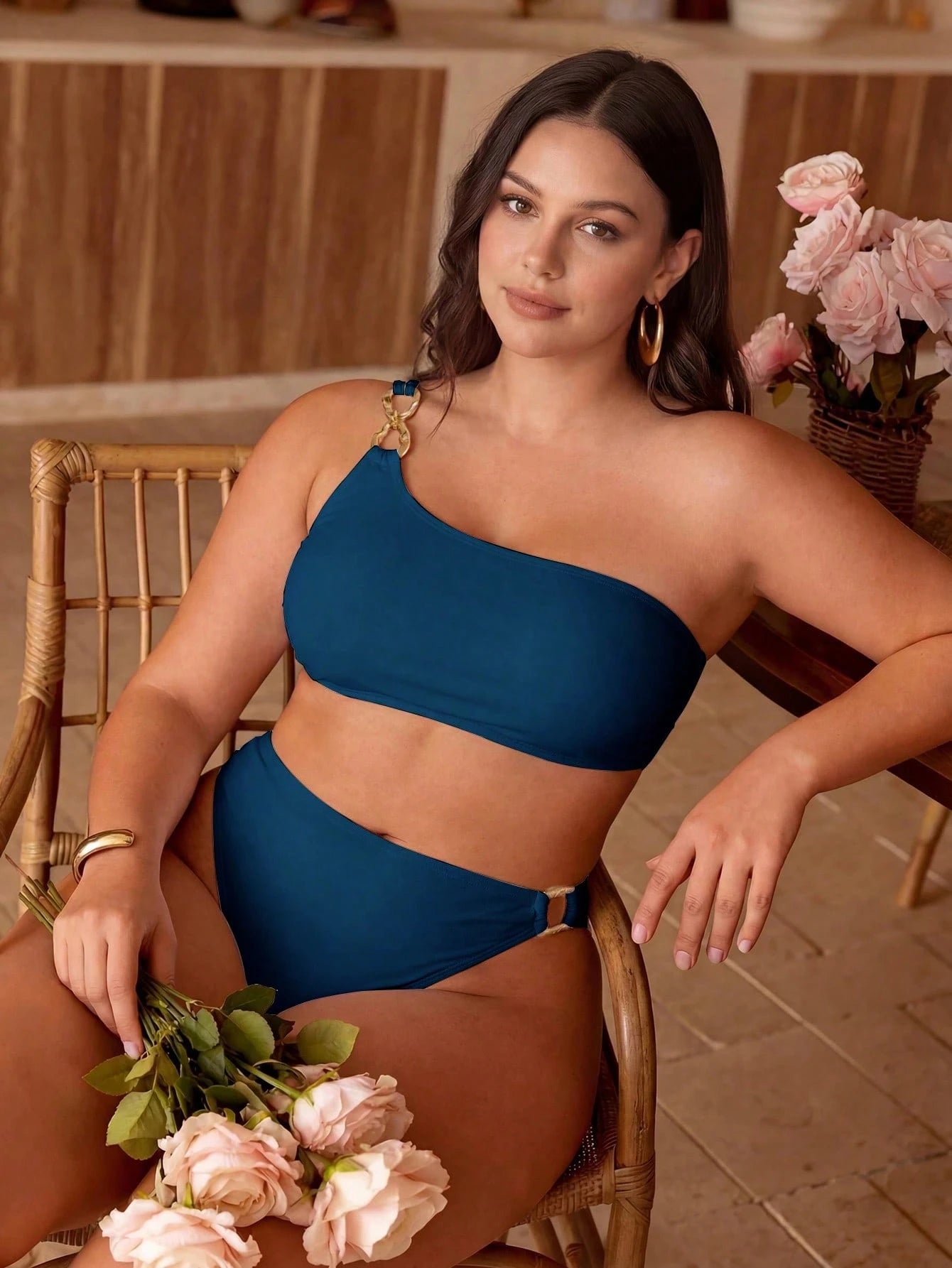 Swim Chiccia Plus Size Women's Solid Color One Shoulder Metal Trim Spaghetti Strap Top And Solid Color Metal Trim Side Swim Bottoms Elegant Minimalist 2-Piece Swimsuit