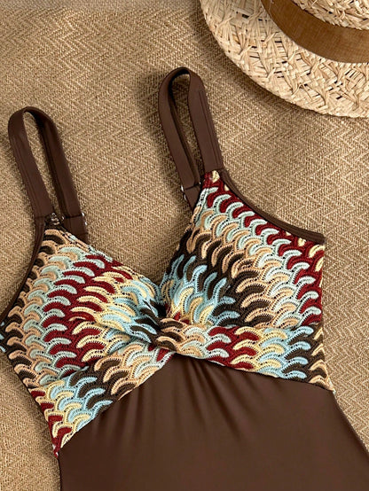 Swim Chiccia Striped Special Fabric Crisscross Chest One-Piece Swimsuit