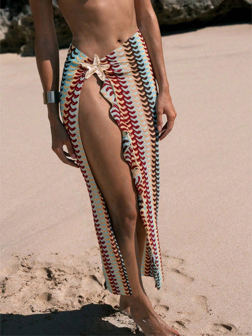 Swim Chiccia Women Deep Teal Multicolor Striped Reversible High Slit Long Skirt Metallic Starfish Decor,Boho Summer Beach Holiday Holiday Swimsuit Cover Up Dress