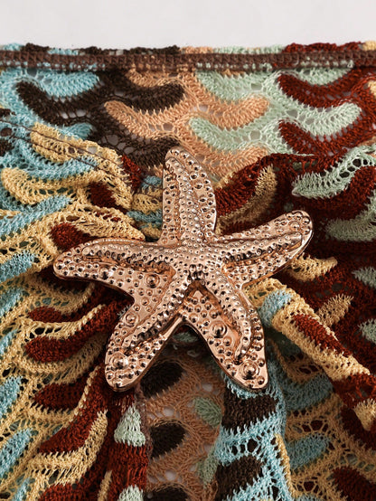 Swim Chiccia Women Deep Teal Multicolor Striped Reversible High Slit Long Skirt Metallic Starfish Decor,Boho Summer Beach Holiday Holiday Swimsuit Cover Up Dress