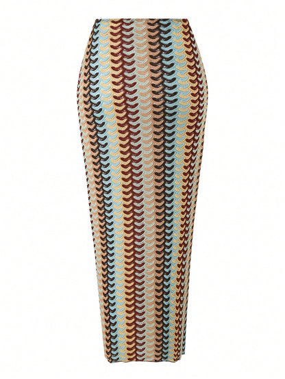 Swim Chiccia Women Deep Teal Multicolor Striped Reversible High Slit Long Skirt Metallic Starfish Decor,Boho Summer Beach Holiday Holiday Swimsuit Cover Up Dress