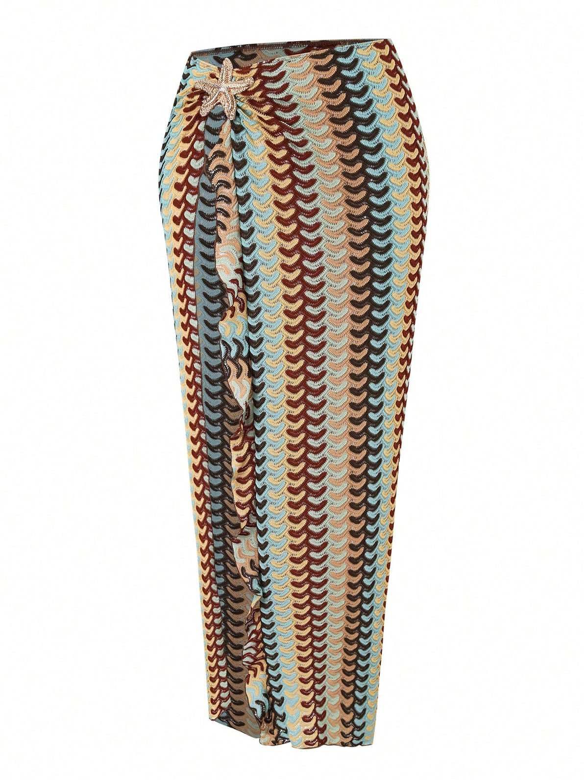 Swim Chiccia Women Deep Teal Multicolor Striped Reversible High Slit Long Skirt Metallic Starfish Decor,Boho Summer Beach Holiday Holiday Swimsuit Cover Up Dress