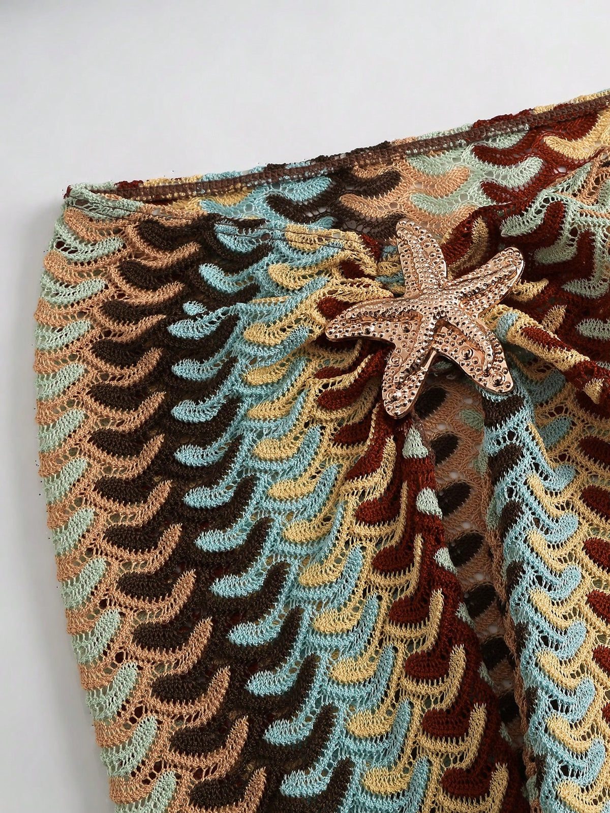 Swim Chiccia Women Deep Teal Multicolor Striped Reversible High Slit Long Skirt Metallic Starfish Decor,Boho Summer Beach Holiday Holiday Swimsuit Cover Up Dress