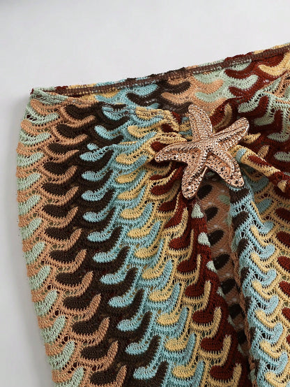 Swim Chiccia Women Deep Teal Multicolor Striped Reversible High Slit Long Skirt Metallic Starfish Decor,Boho Summer Beach Holiday Holiday Swimsuit Cover Up Dress