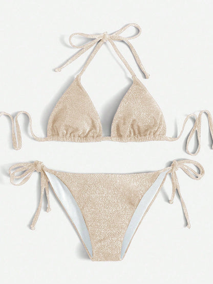 Swim Chiccia Women's Solid Color Sparkly Halter Tie Sexy Bikini 2 Pieces Swimwear Set, Summer Beach