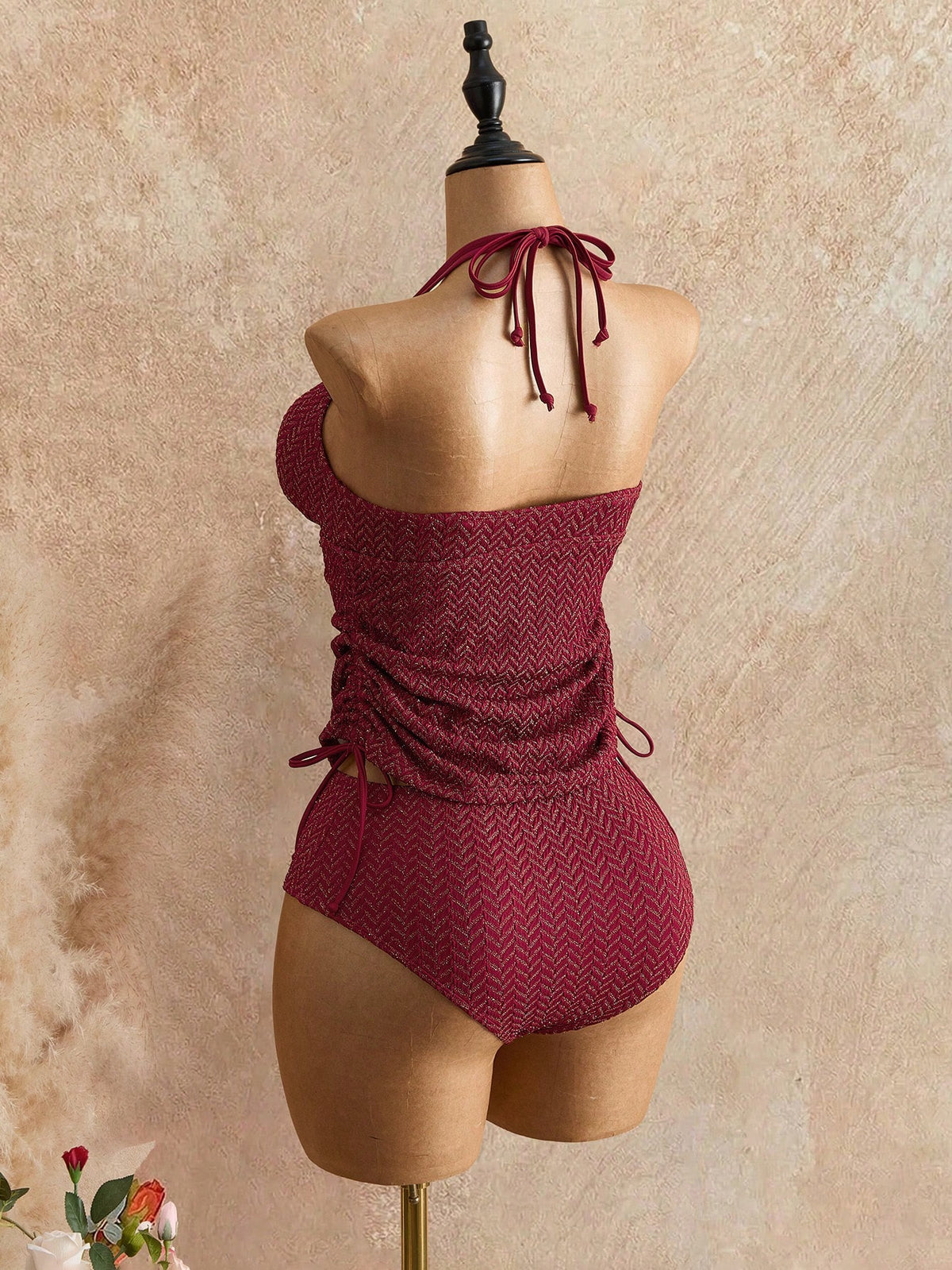 Swim Chiccia Women's Summer Vacation Casual Beach Wear Burgundy Two Pieces Bikini Set Textured Fabric Halter Neck Tie Swimsuit Set Elegant Holiday Swimwear